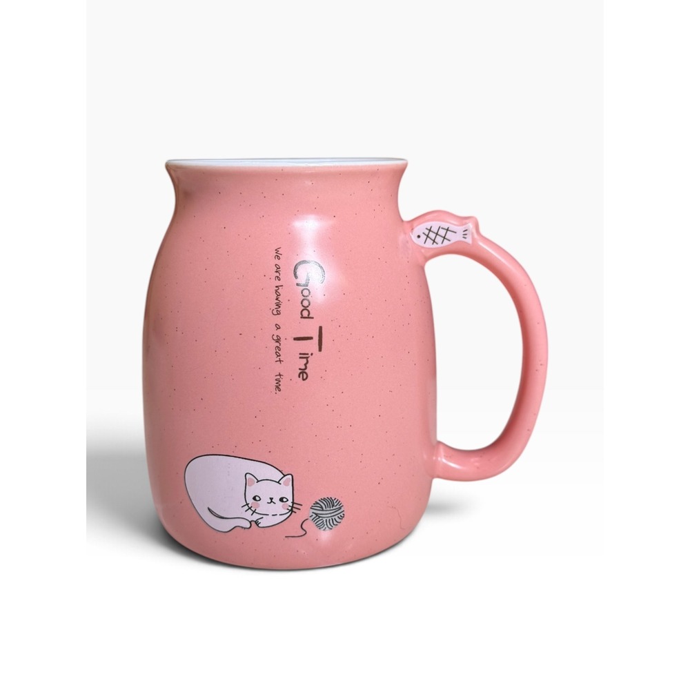 Pink Speckled Ceramic Cat Mug Kawaii Good Time Coffee Cup Fish Handle